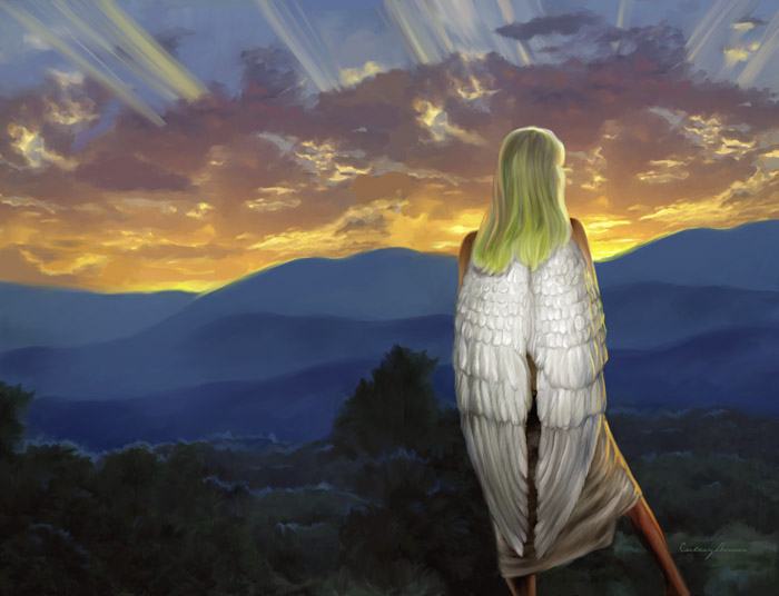 This was a private commission, a wraparound book cover with the ingredients and elements precisely requested by the author. Though the symbolism is quite commonplace, I like the juxtaposition of an angel just enjoying a regular everyday sunset.
